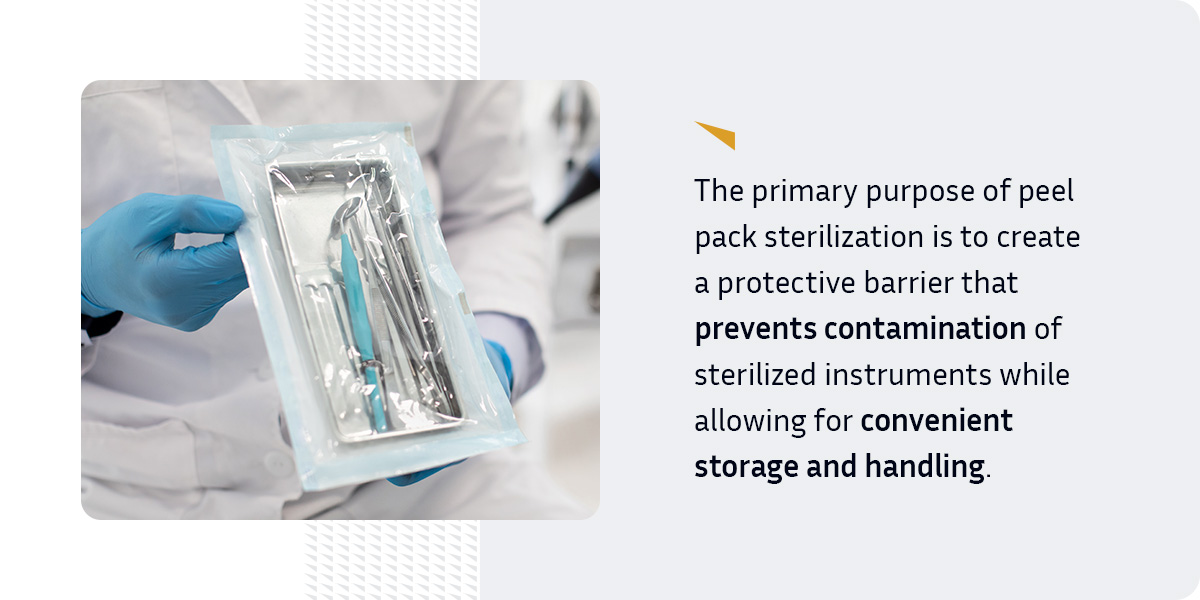 A lab technician holds an instrument tray that is sealed within a peel pack