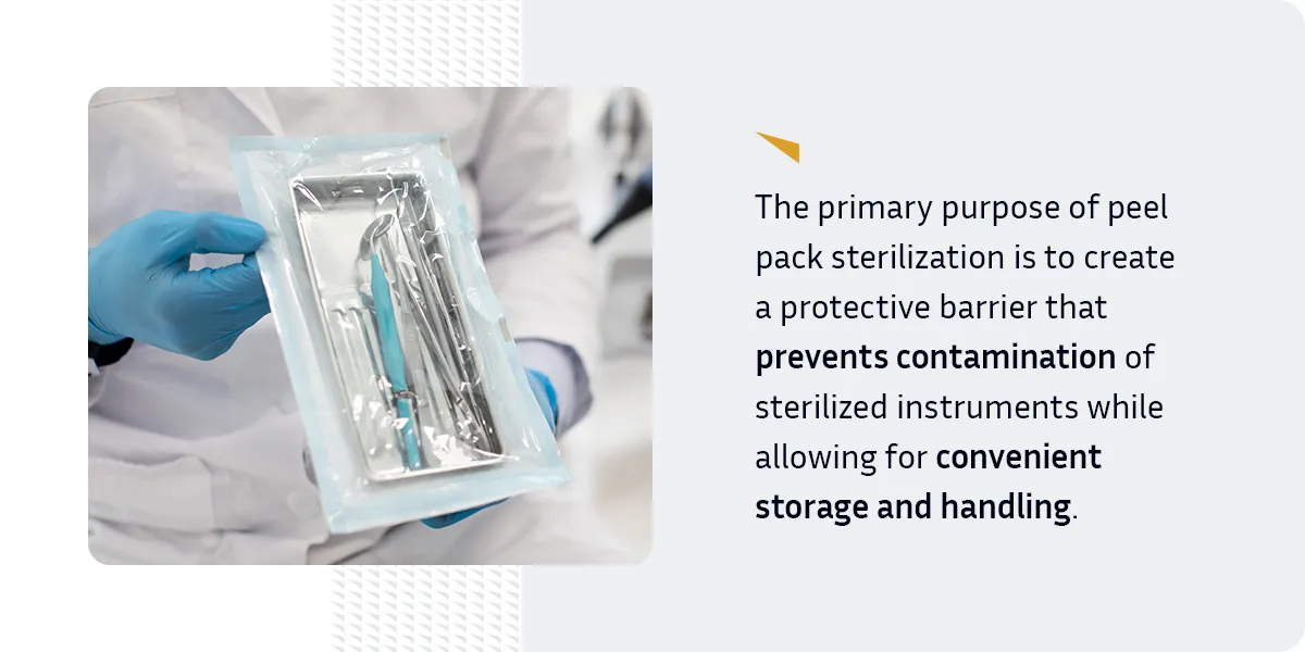 A lab technician holds an instrument tray that is sealed within a peel pack